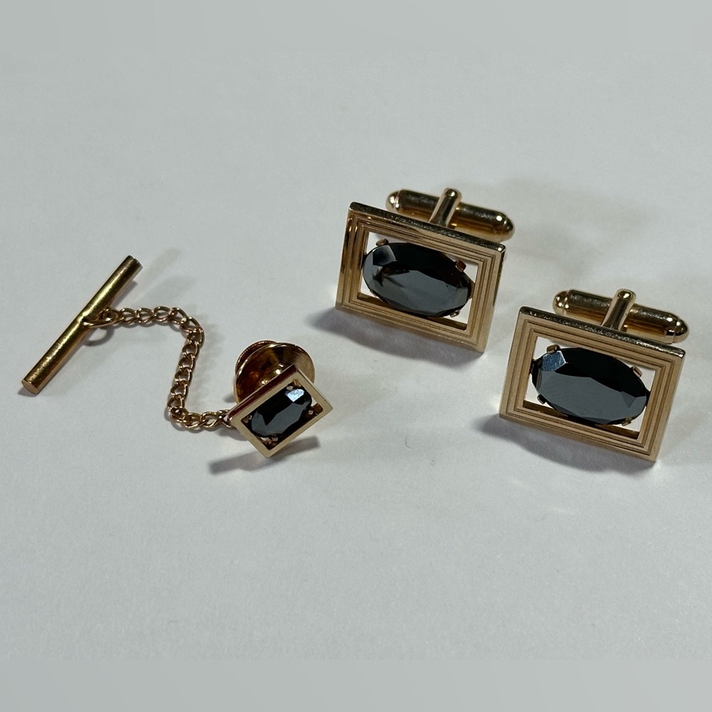 Vintage 1950s Anson Hematite Stone Cufflinks & Tie Tac Lapel Pin Accessory Lot